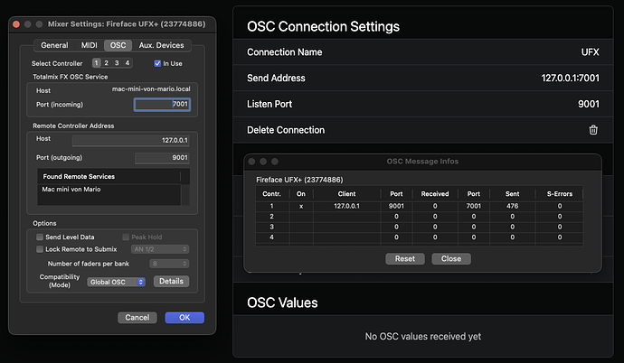 RME UFX+ OSC Settings Menu & OSC Monitor